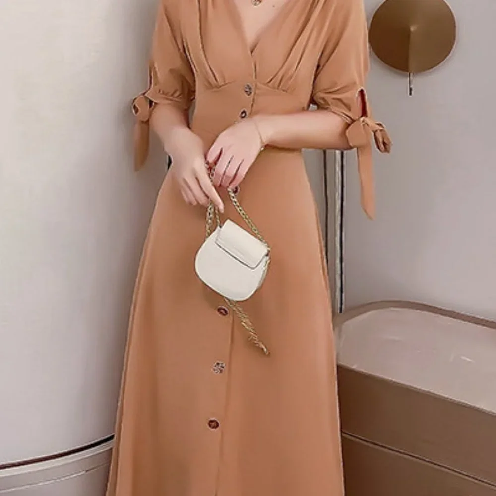 C050 Women Sexy Deep V neck Cotton Maxi Dress Short Sleeves Button Up Clothing - Picture 3 of 7